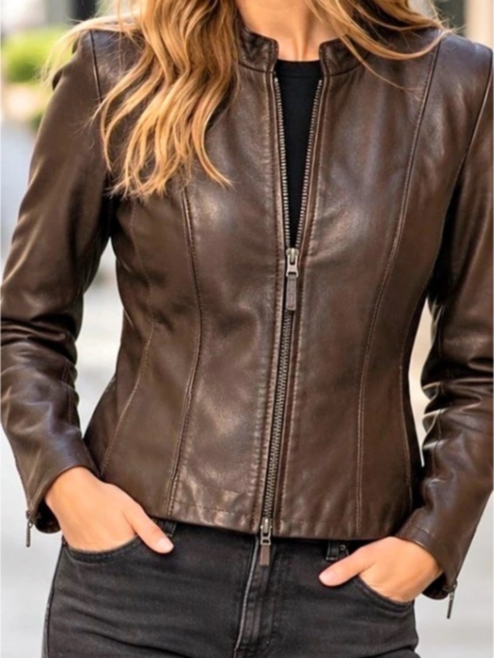 Danier Italian Leather Brown Fitted Zip Jacket S/P Made in Canada
